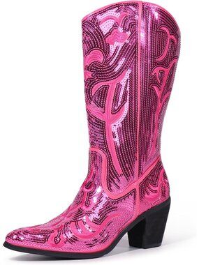 Women's Sequin Mid Calf Western Wide Calf High Pointed Toe Cowgirl Boots Fuchsia